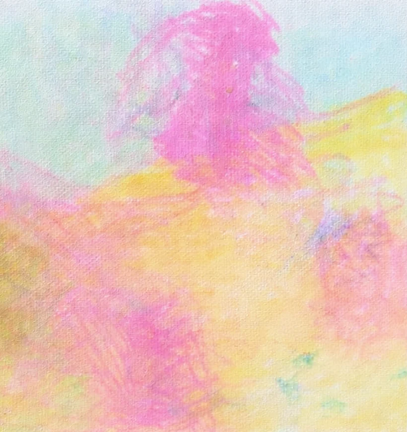 Plastica mică (detail) — Adrian Dică, small-format work on canvas, a trace of the uncalculated gesture in pink and yellow