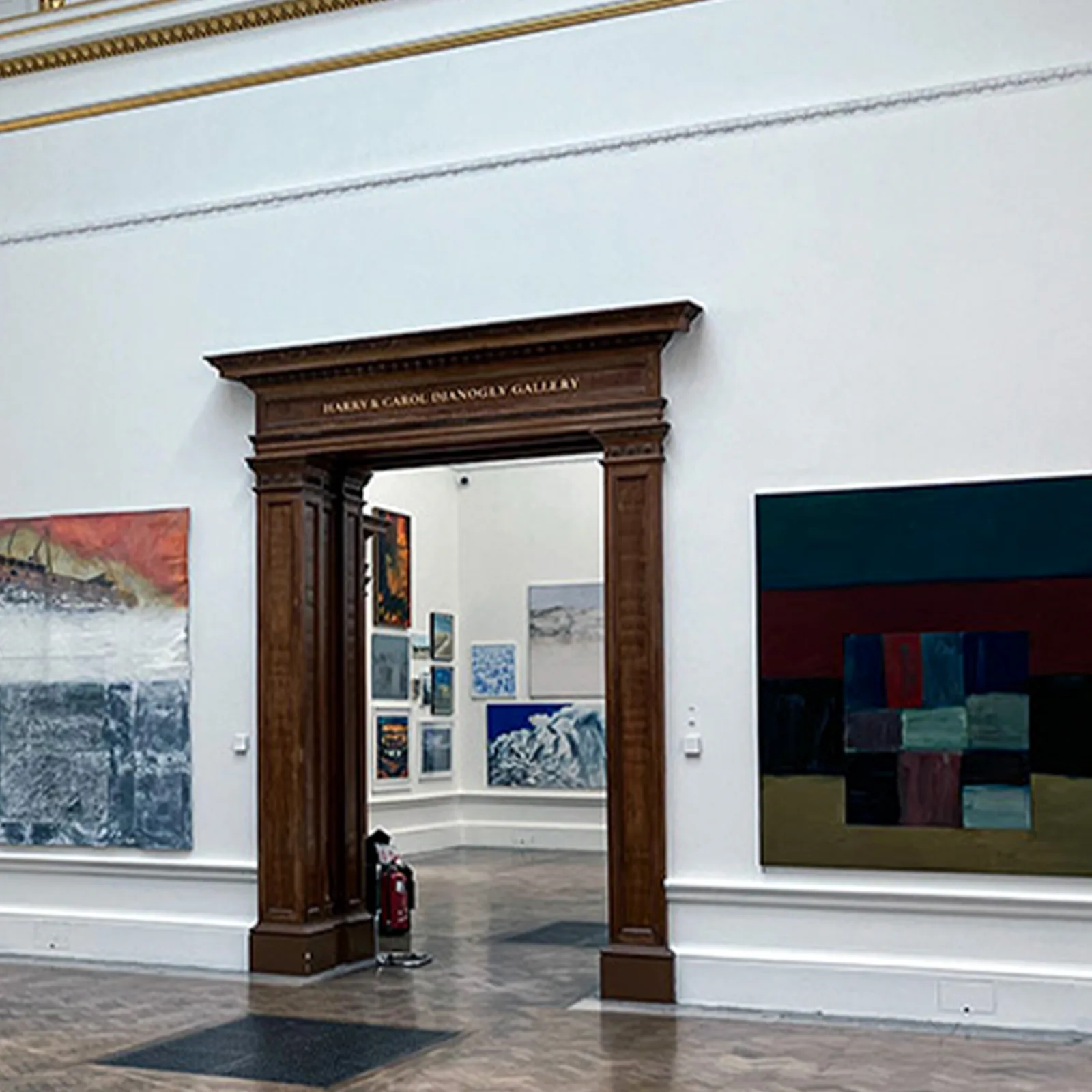 The wood-panelled entrance to the Harry and Carol Sisanogly Gallery at the Royal Academy of Arts, London, one of the historic rooms exhibiting artists pass through during the Summer Exhibition 2024