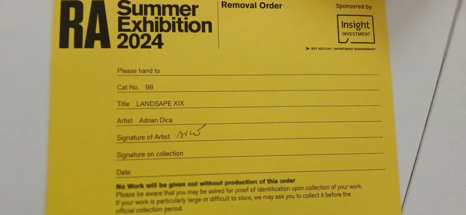 Official Royal Academy Summer Exhibition 2024 Removal Order for Adrian Dică's painting "LANDSCAPE XIX" — the collection document artists easily overlook until the exhibition closes