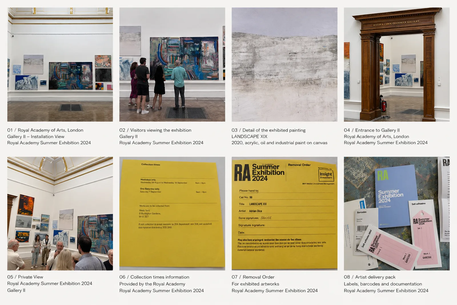 Adrian Dică's LANDSCAPE XIX installed in Gallery II at the Royal Academy Summer Exhibition 2024 in London, alongside the Private View, artwork detail and official Royal Academy delivery documents