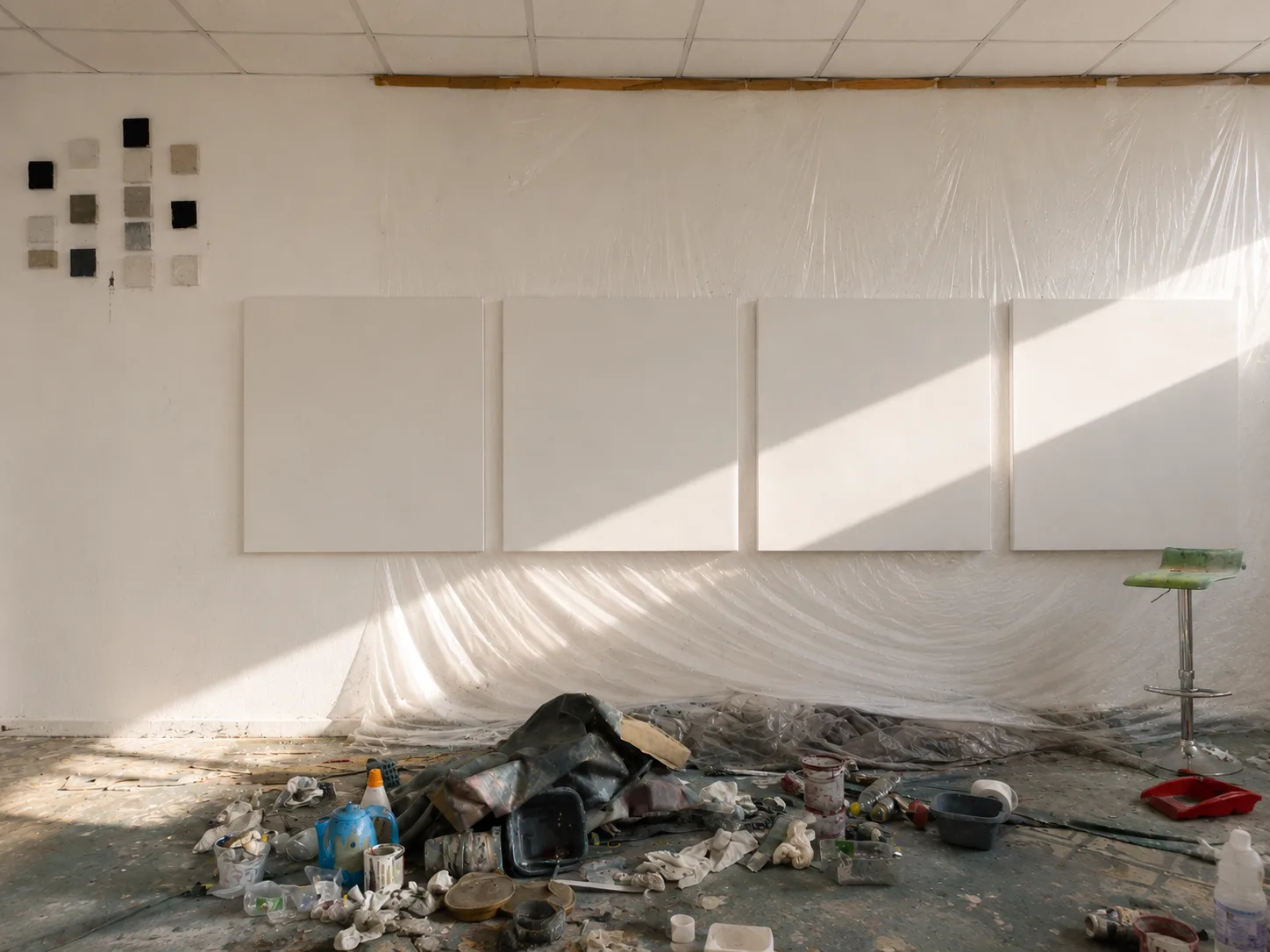 Four blank canvases mounted on a studio wall in Adrian Dică's Bucharest studio, waiting for the first stroke — the "Great White" before any research begins