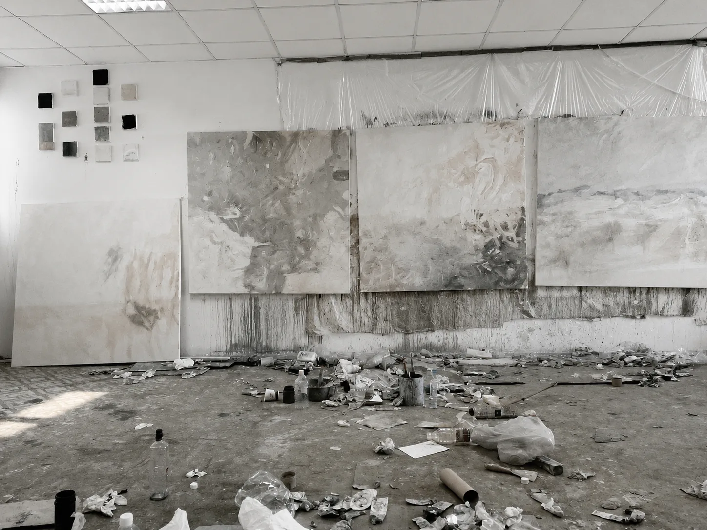 Four abstract paintings in progress on a studio wall, alongside a row of small color-study swatches, illustrating the research into pure pictorial language behind the postindustrial landscapes